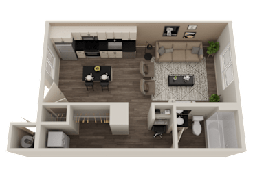 A top-down view of a modern apartment layout with a living room, kitchen, and bedroom.