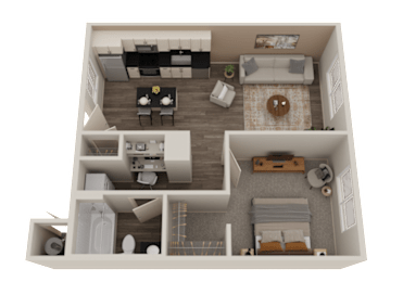A 3D rendered image of a modern apartment layout.