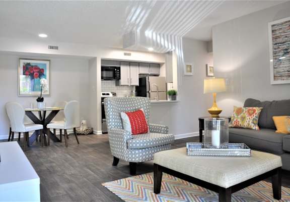 a living room with a couch and a table