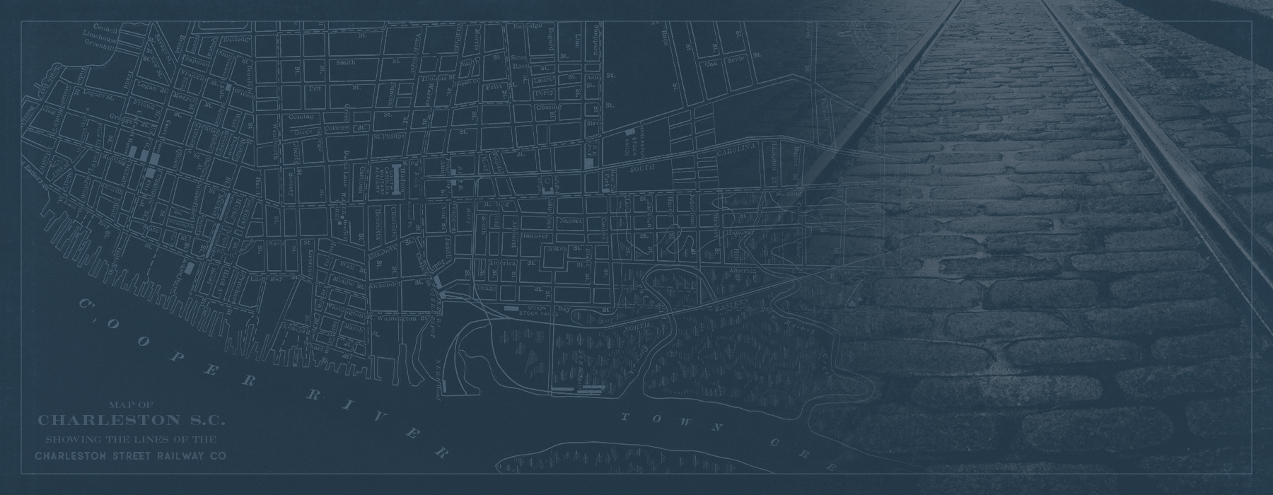 blue colored graphic showing a partial map of Charleston and other local areas