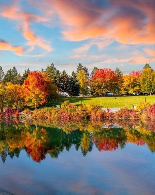 A serene lake with a clock tower in the background surrounded by autumn trees.