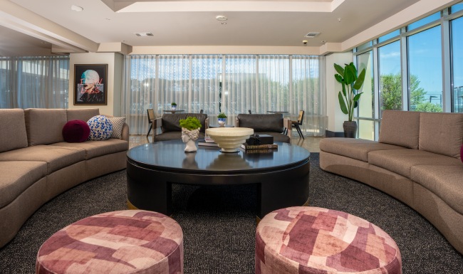 a lounge with large sofas