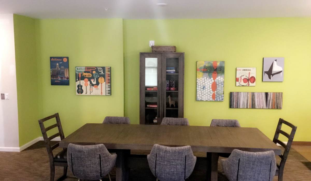 Lobby area with green accents North Avenue Gateway II in Baltimore, Maryland