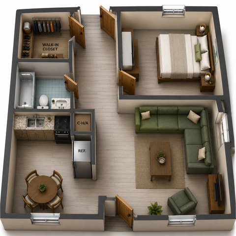 Charming 3D floor plan highlighting a cozy 1-bedroom apartment with a walk-in closet, modern kitchen, and inviting living room.