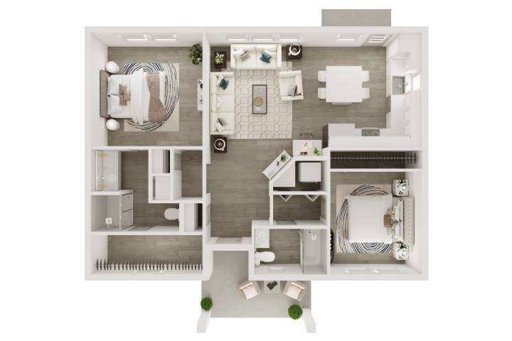 A 3D image of the Cottage w/ Back Yard floorplan, a 983 squarefoot, 2 bed / 2 bath unit