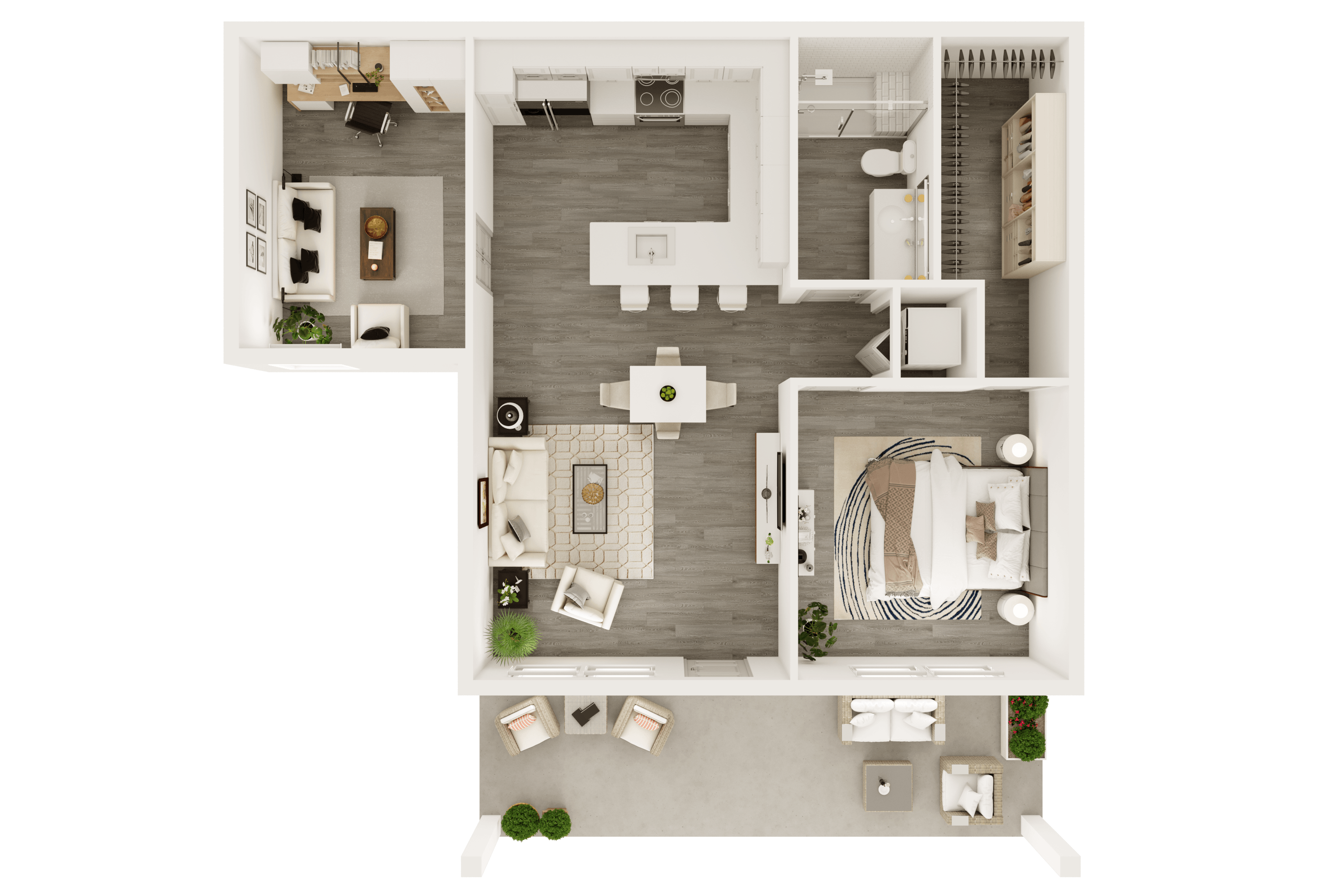 A 3D image of the Bungalow w/ Study floorplan, a 868 squarefoot, 1 bed / 1 bath unit