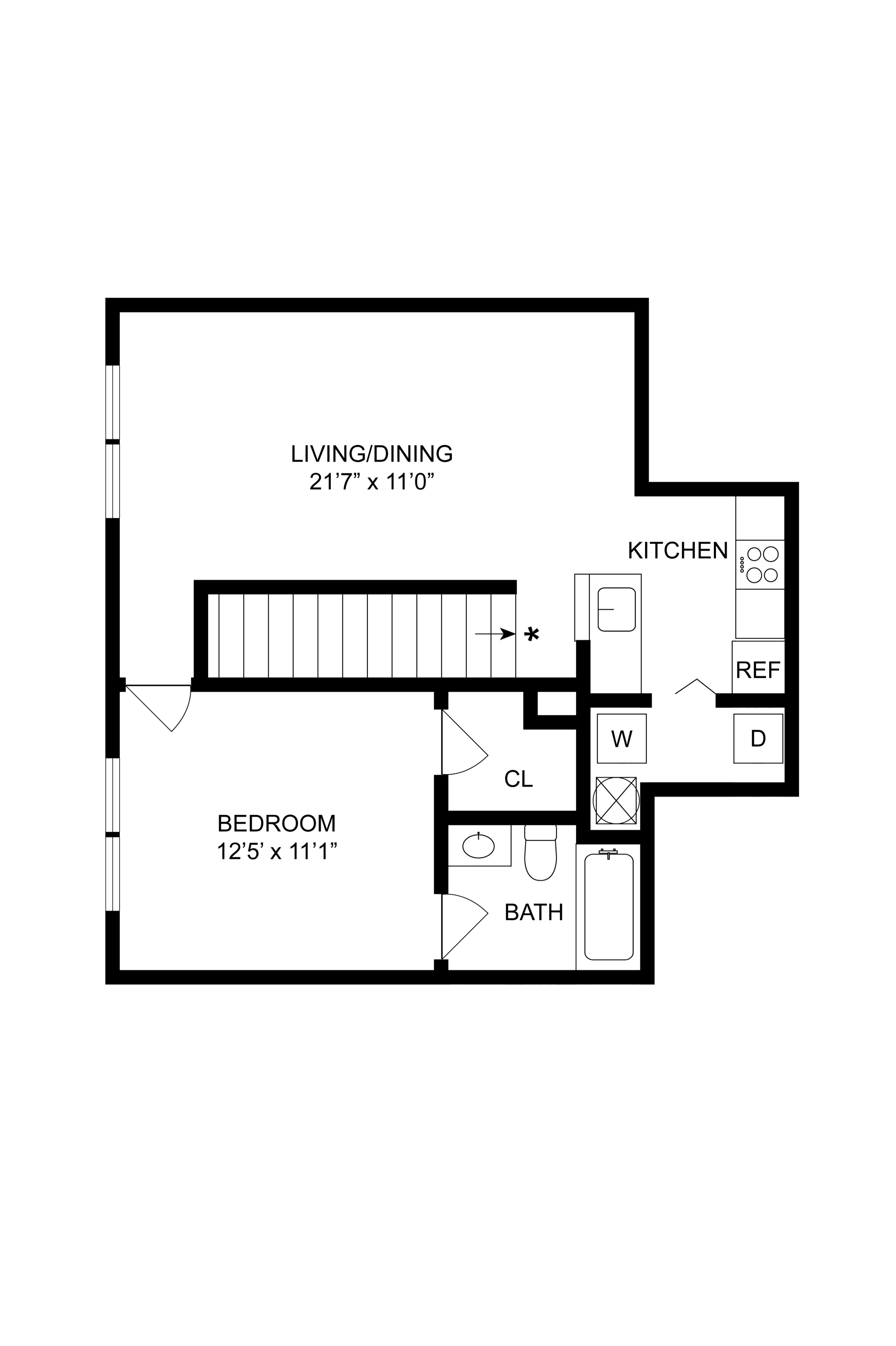 Charming floor plan showcasing a spacious living/dining area, cozy bedroom, modern kitchen with appliances, and a sleek bathroom.
