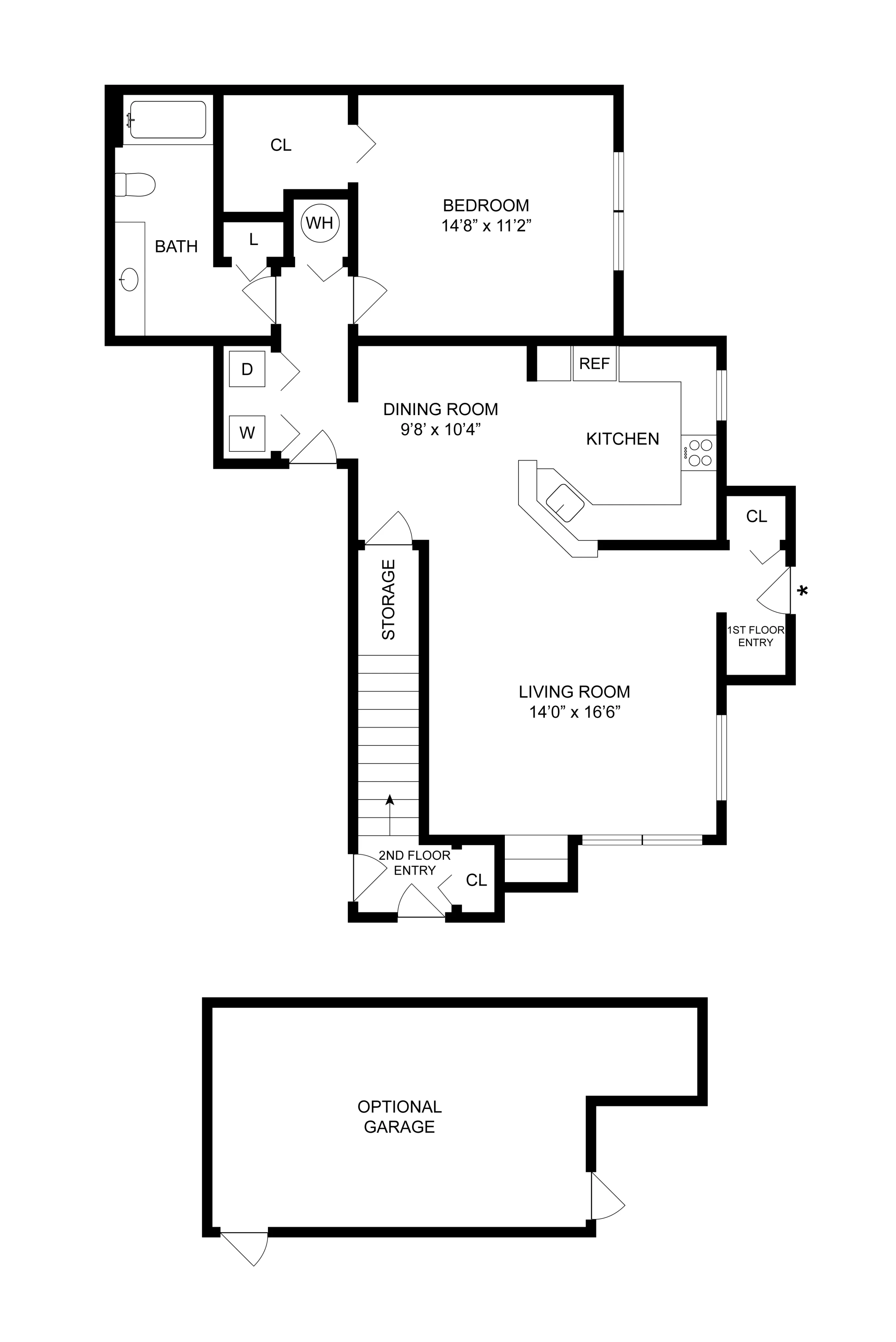 2D floor plan highlighting a bedroom, spacious living room, kitchen, dining area, and optional garage.
