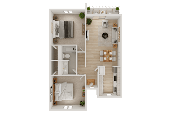 A top-down view of a two-bedroom apartment with a living room, kitchen, and bathroom.