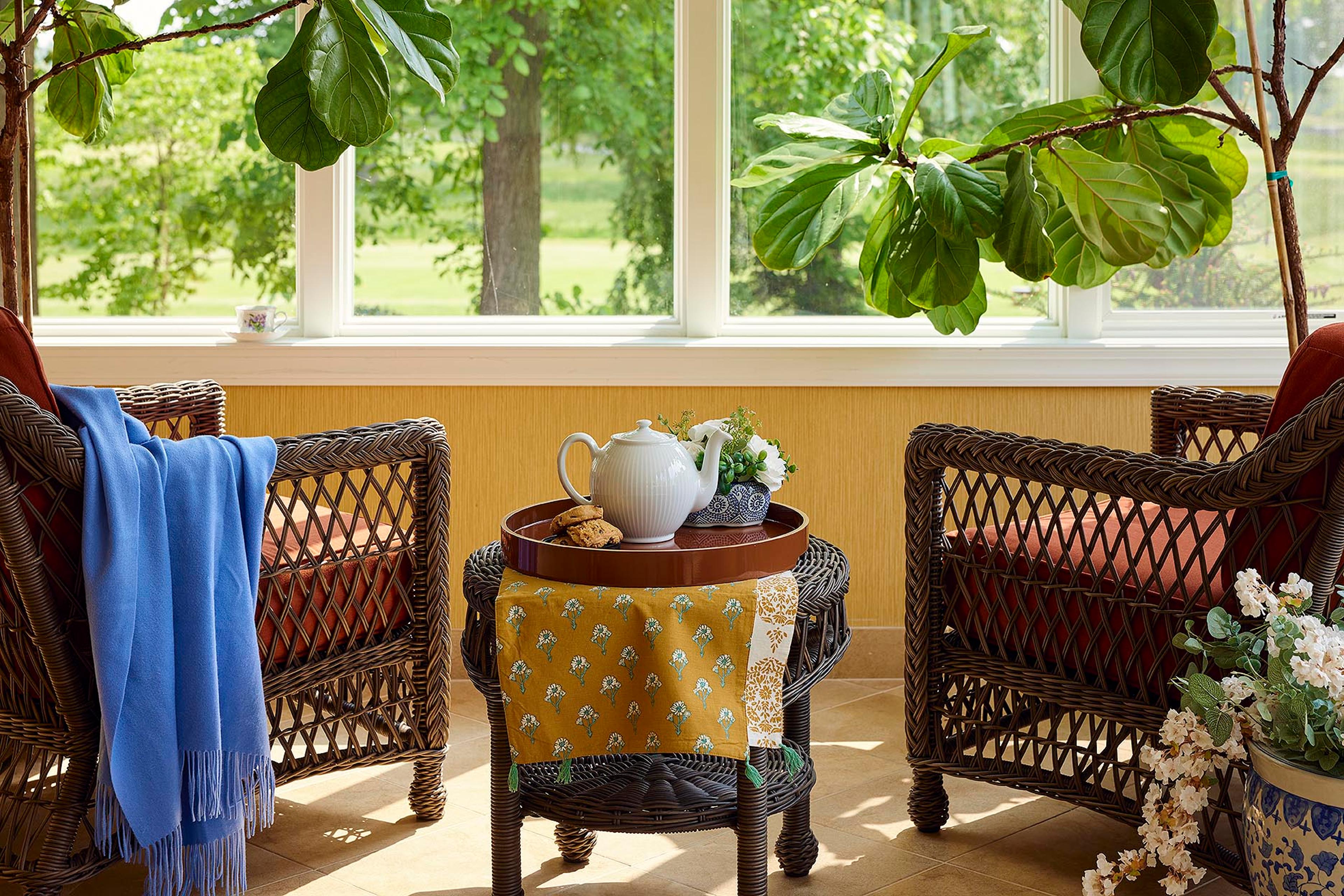 Afternoon tea and scones in wicker chairs