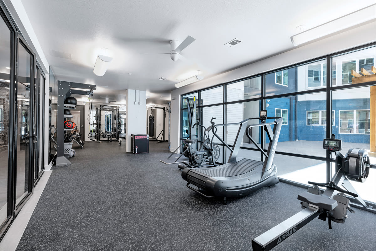 Well-Equipped Fitness Center at The Rail Apartments in Austin, Texas