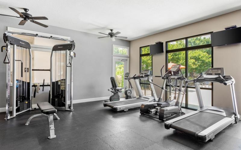 a room with treadmills