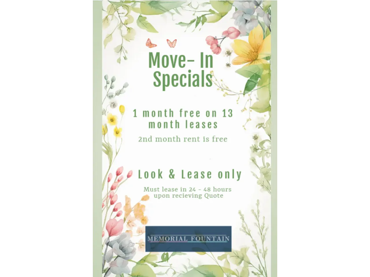 Move-In Specials promo with floral border offering 1 month free on 13-month leases at Memorial Fountain. Includes look and lease deal with extra month free.