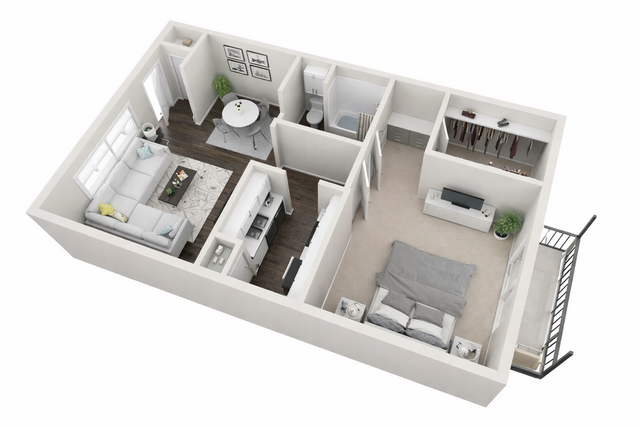 Modern 3D floor plan showcasing a cozy one-bedroom apartment with an open-concept living area, stylish kitchen, and elegant dining space.