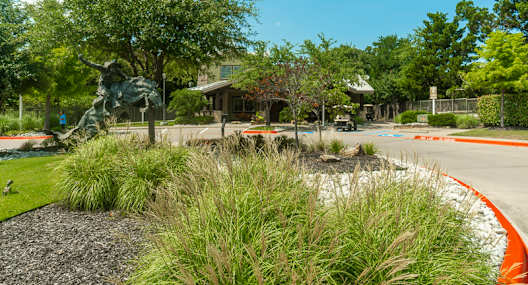 A statue of a bull is in the middle of a landscaped area.