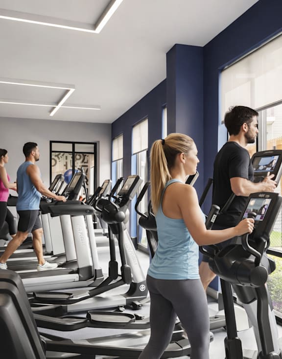 A group of people are exercising on treadmills in a gym.