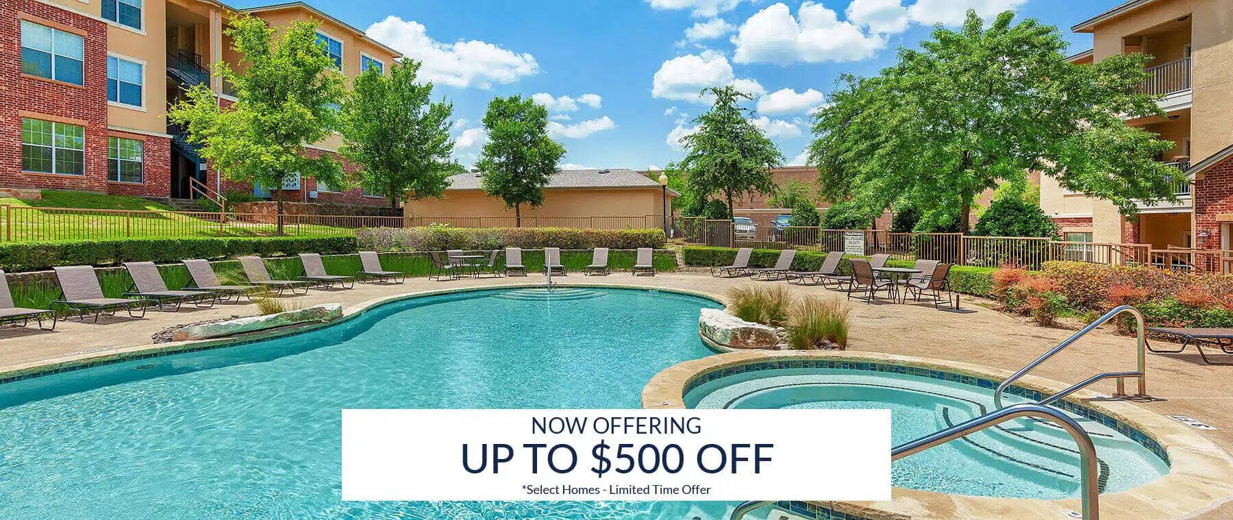 Sunny outdoor pool area at Bella Ruscello apartment complex with lounge chairs, trees, and buildings in the background. Banner reads, "Now offering up to $500 off. Select homes. Limited time offer.