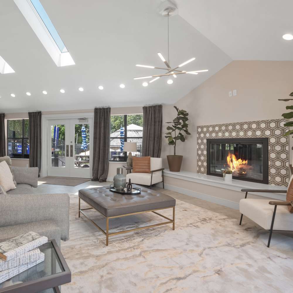 Fireplace in the clubhouse at Lago Vista Apartments in St. Charles, Missouri