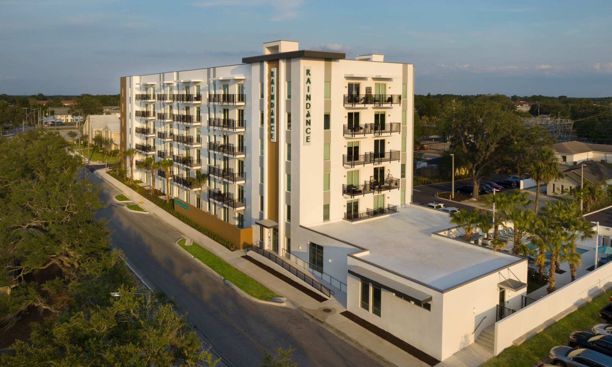 Aerial view of the building at RainDance in Winter Haven, Florida