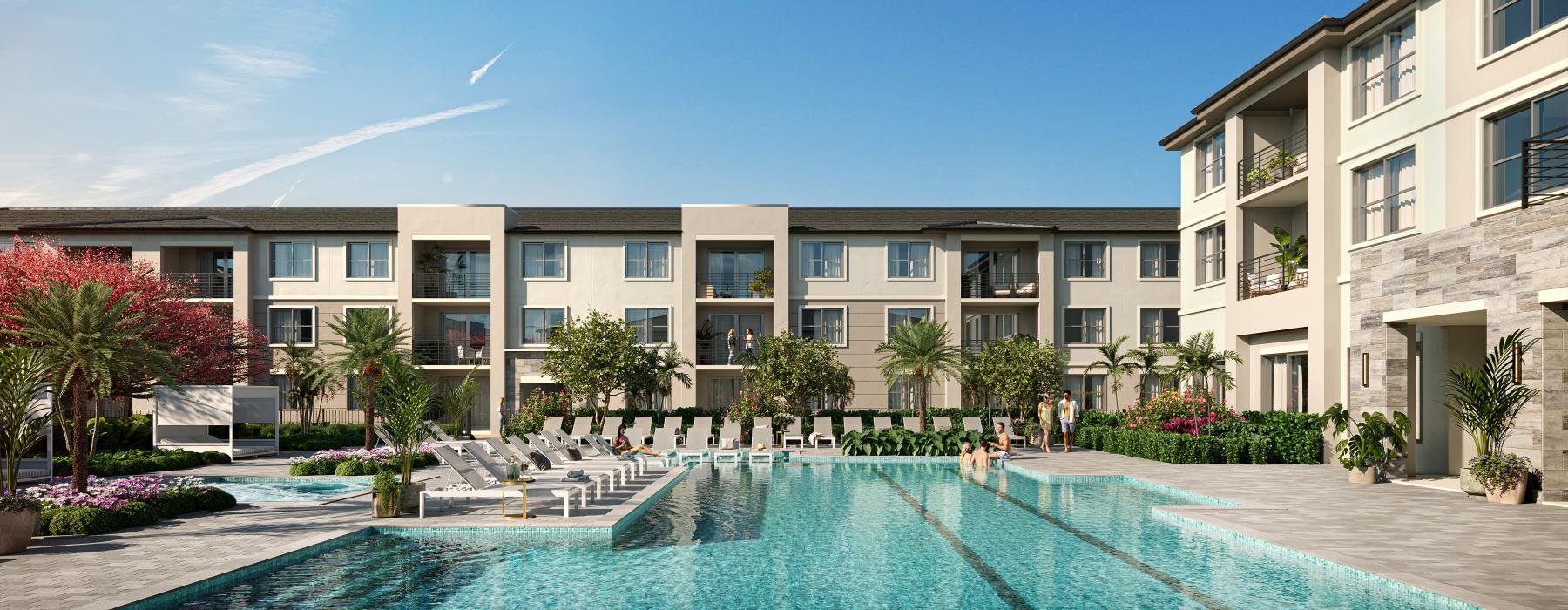 a swimming pool in front of a building
