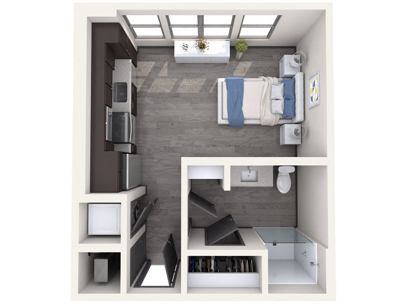Experience efficient and stylish urban living with this well-designed studio apartment layout.