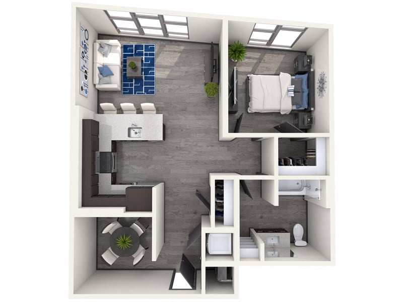 Explore the chic design of this one-bedroom apartment, perfect for modern living.
