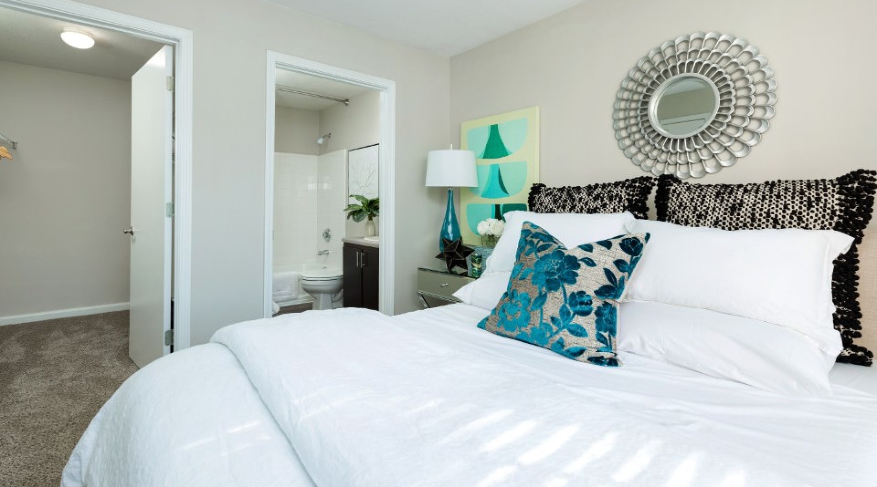 Bedroom with natural lighting and high ceilings