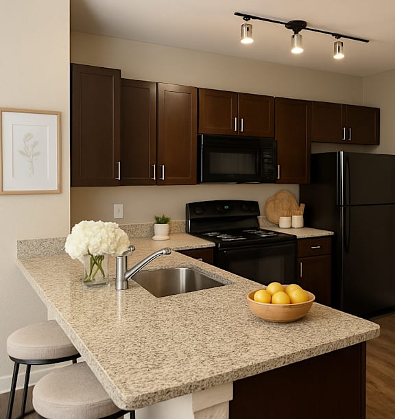 A kitchen with black appliances and brown cabinets.