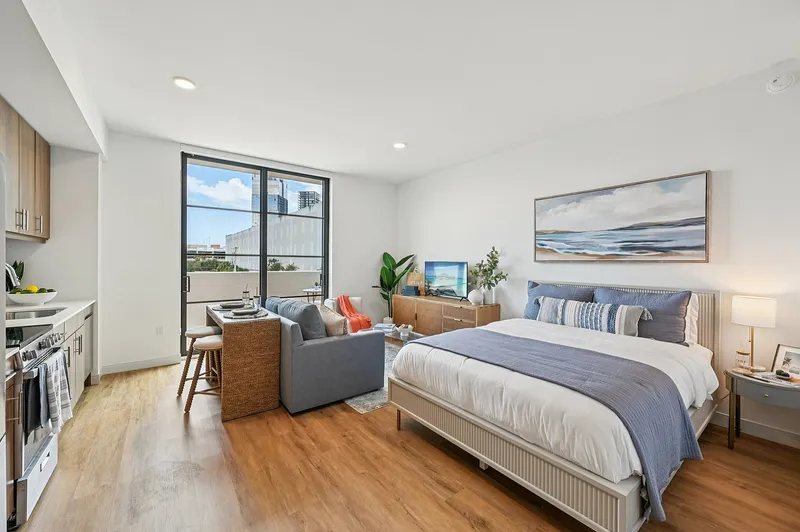 Studio with bed, living room and kitchen