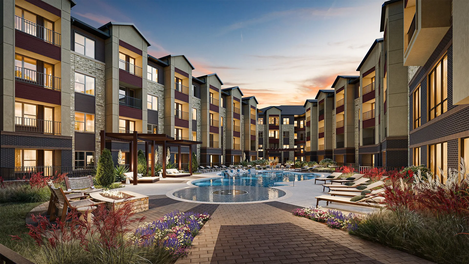 A beautifully designed apartment complex with a central pool area and landscaped gardens.