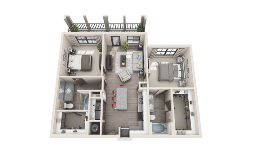 #173 - 2 bedroom floor plan layout with 2 bathrooms and 1077 square feet