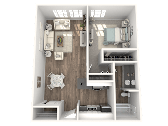 A 3D rendered image of a small apartment layout.