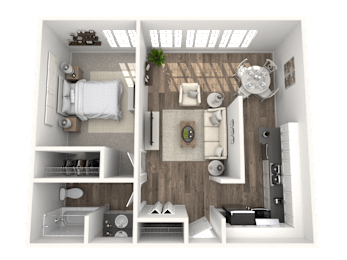 A 3D rendered image of a small apartment layout.