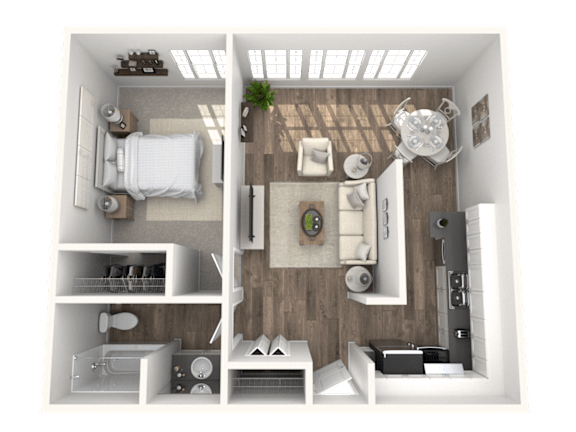 A 3D rendered image of a small apartment layout.