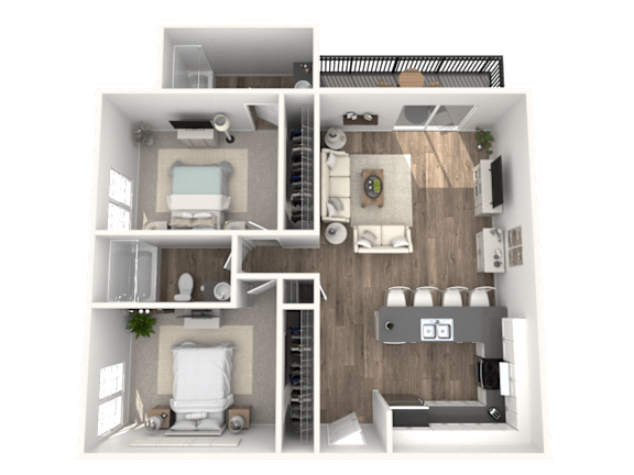 A 3D rendered image of a house layout.