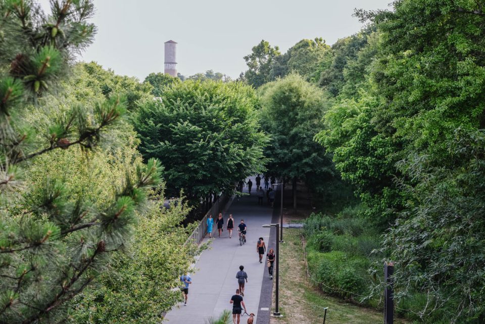 People walking & biking along a tree-lined paved trail