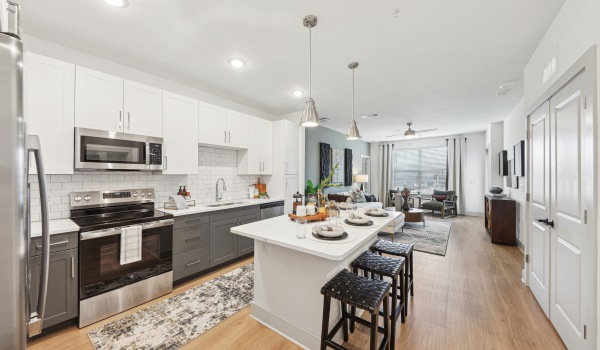 A kitchen with stainless steel appliances and views of a living room at The Hudson apartments in Chattanooga, TN.