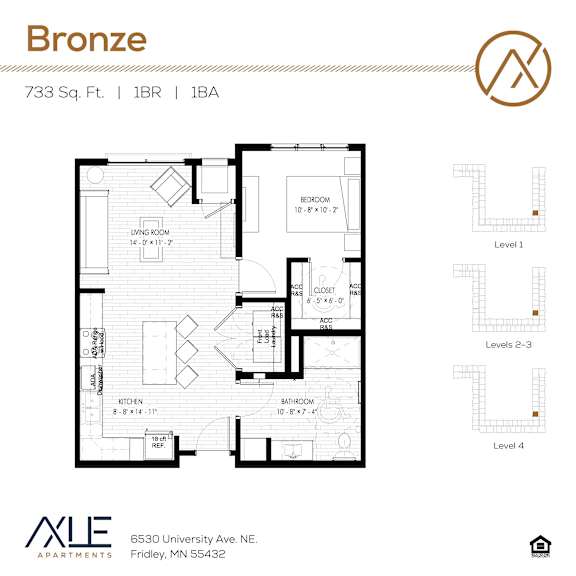 A floor plan for a 1 bedroom apartment at 733 Sq. Ft.