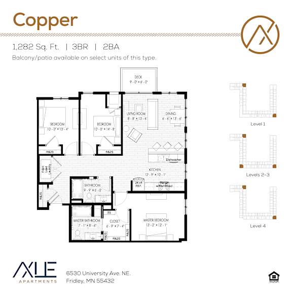 A floor plan for a 1,282 square foot, three bedroom, two bathroom apartment with balcony and patio.