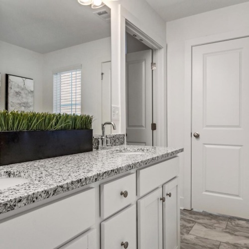 a bathroom with a marble countertop