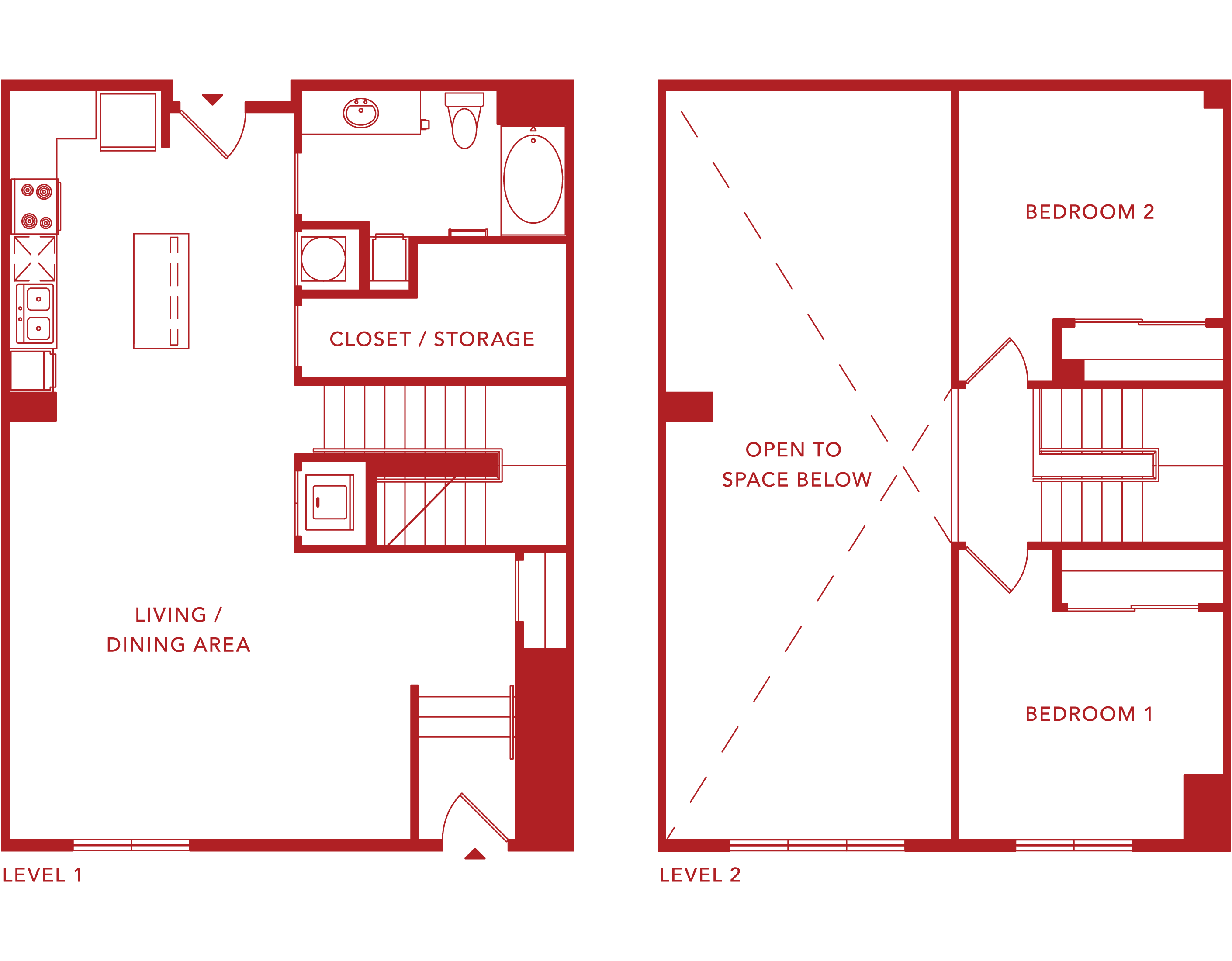 Signature loft apartment floor plan at Paramount. Features two upper-level bedrooms and a lower-level layout with kitchen, living room, bathroom, and storage.