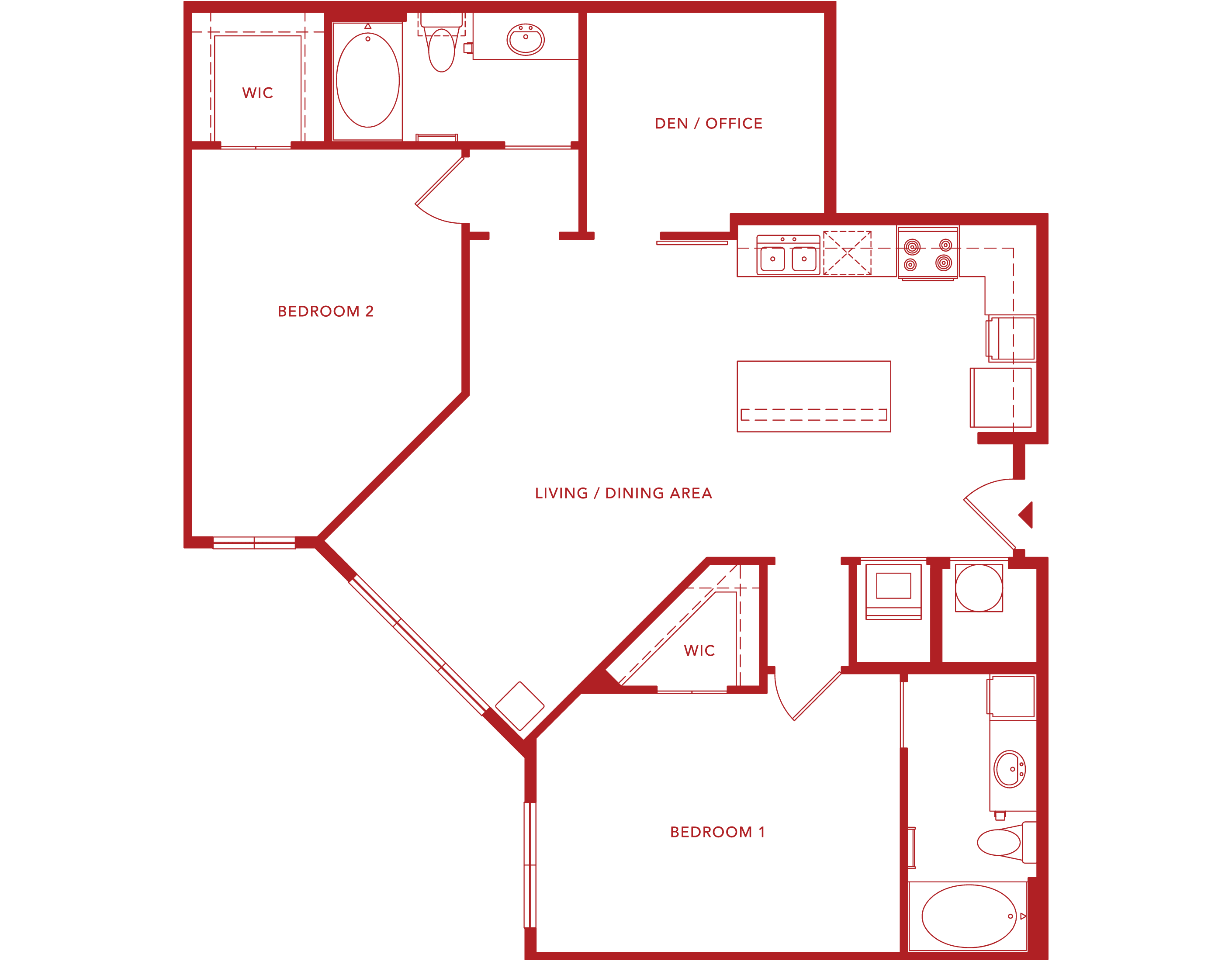 2-bedroom apartment floor plan diagram with den, walk-in closets, combined living/dining area and large kitchen at Paramount