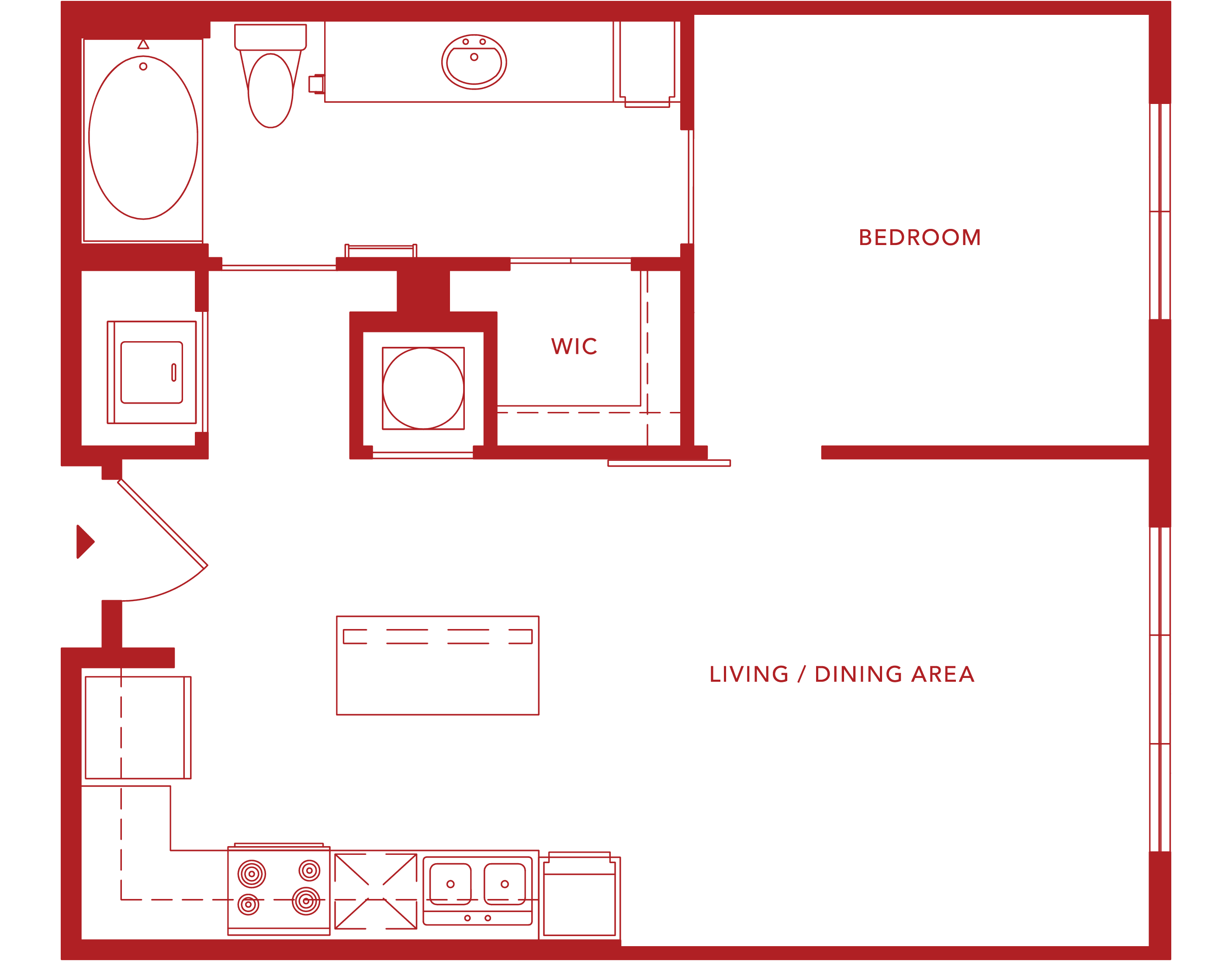 Paramount Classic 1A floor plan: one-bedroom, one-bathroom apartment with a walk-in closet, generous bathroom counter space, and a kitchen island.