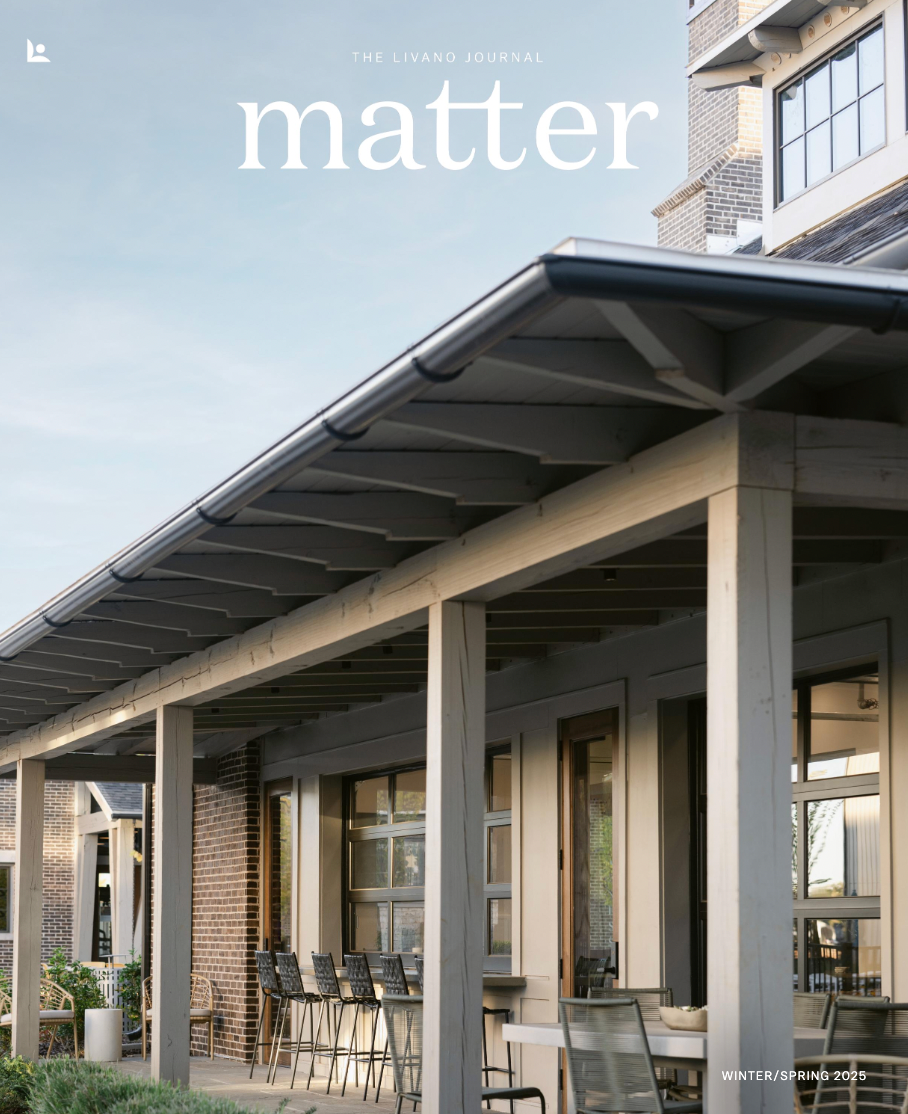 Matter magazine cover: covered porch with tables and chairs, brick and light-colored siding, and a partial view of a building.