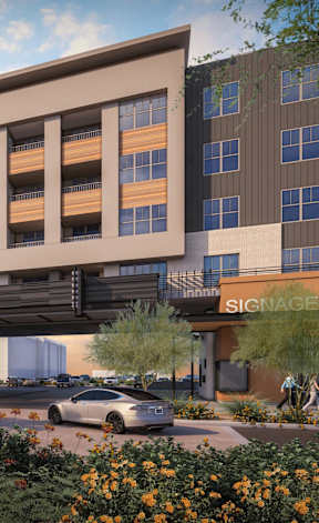 Rendering of the apartment building at The Residences at The Gilmore in Gilbert, AZ