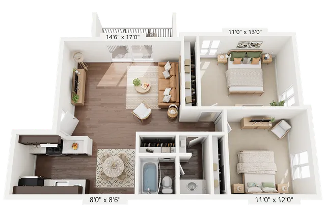 2BR x 1BA - A Floorplan