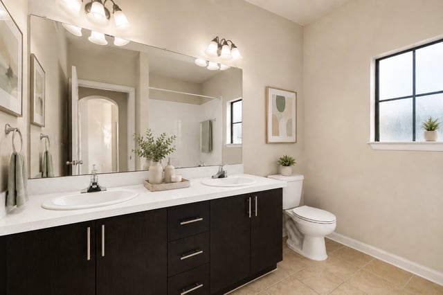 Modern bathroom with double vanity, large mirror, and toilet.