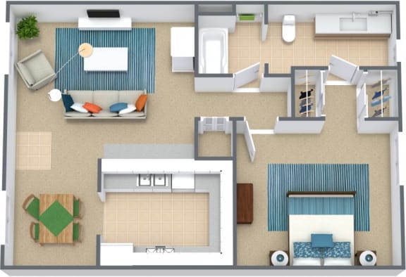 Floor Plan Three dimensional floor plan of a one bedroom