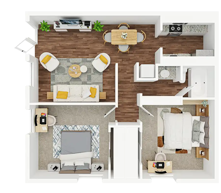 2 bed, 1 bath floor plan (939 sqft)