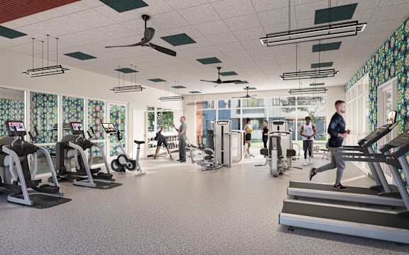 a rendering of a gym with people exercising on treadmills at The Mira Apartments, Florida